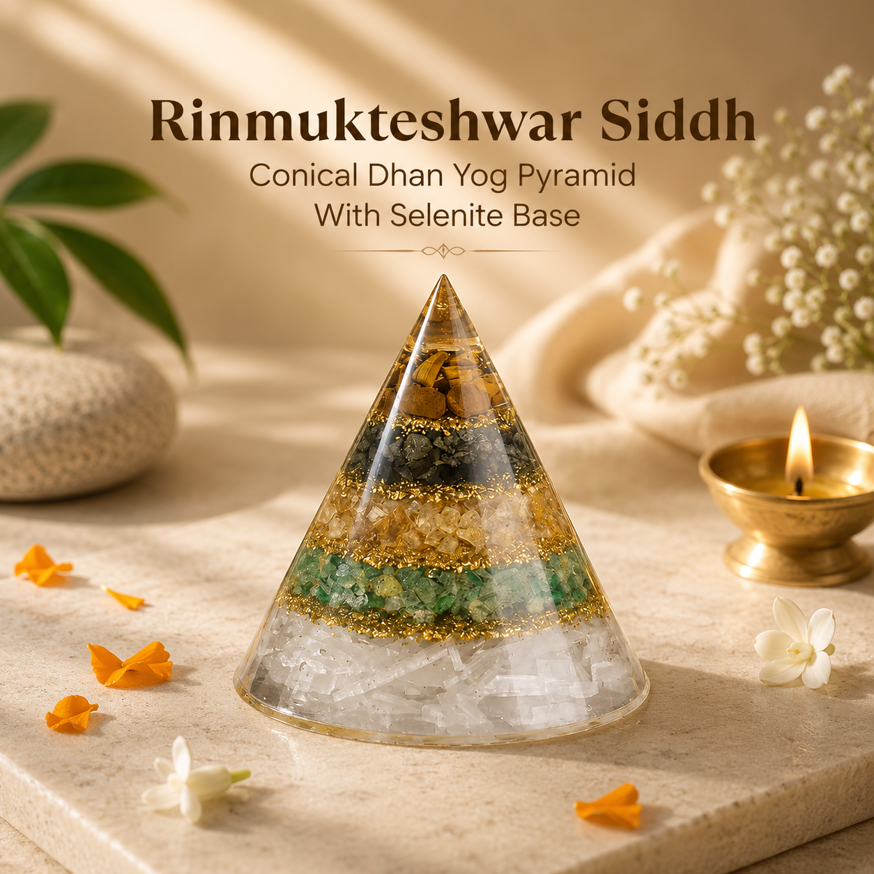 Rinmukteshwar Siddh Conical Dhan Yog Pyramid With Selenite Base