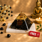 Black Obsidian Pyramid with Free Raw Square Selenite Plate