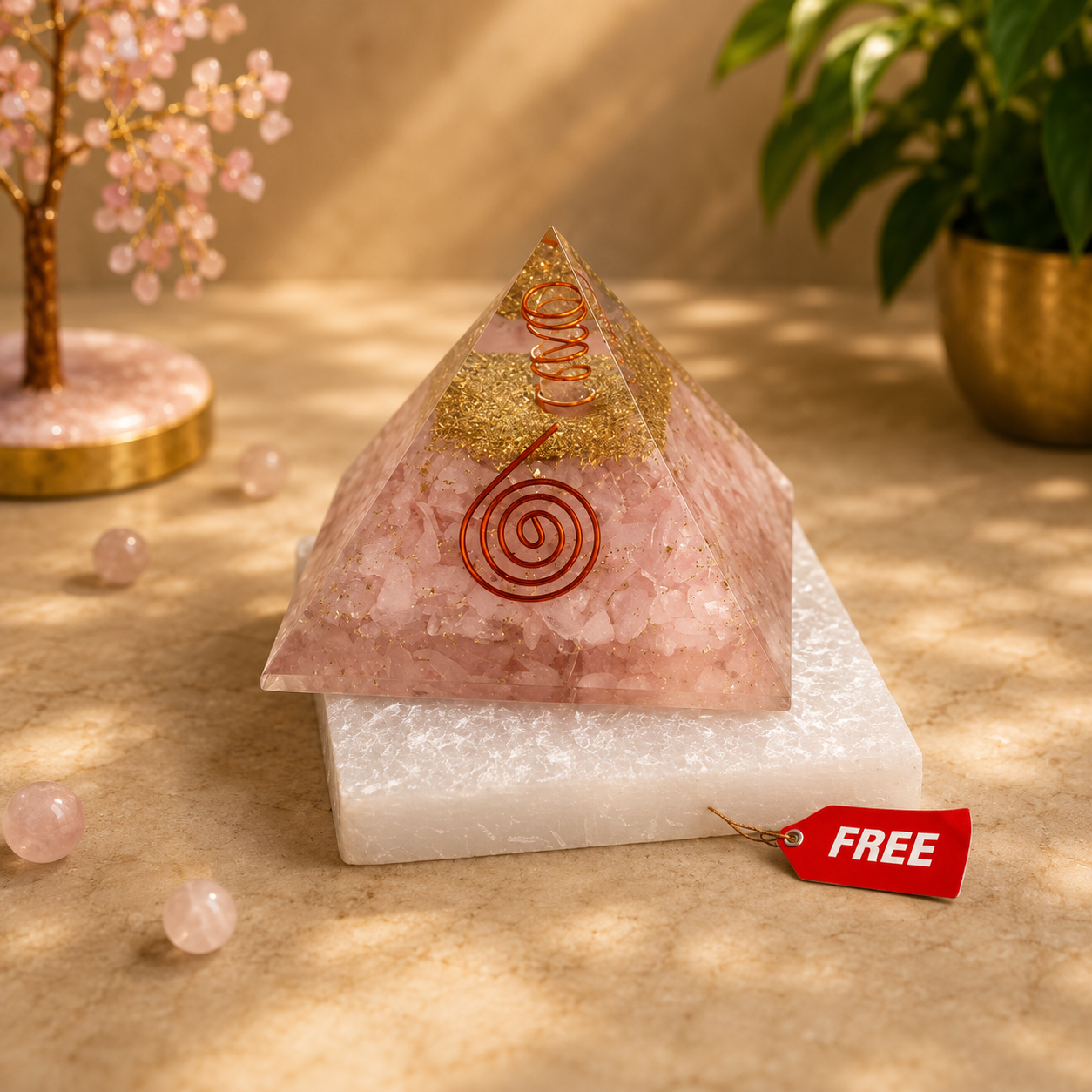 Rose Quartz Pyramid with Free Raw Square Selenite Plate