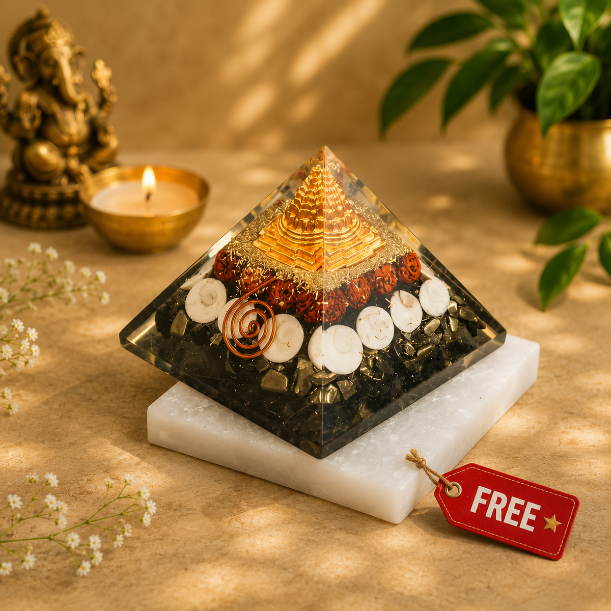 Laxmi Yantra Pyramid with Free Square Raw Selenite Plate