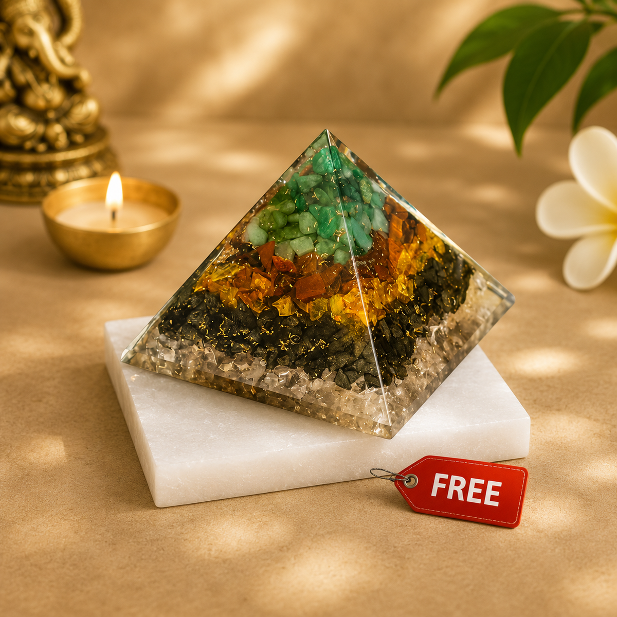 Dhan Yog Pyramid With Free Square Raw Selenite Plate