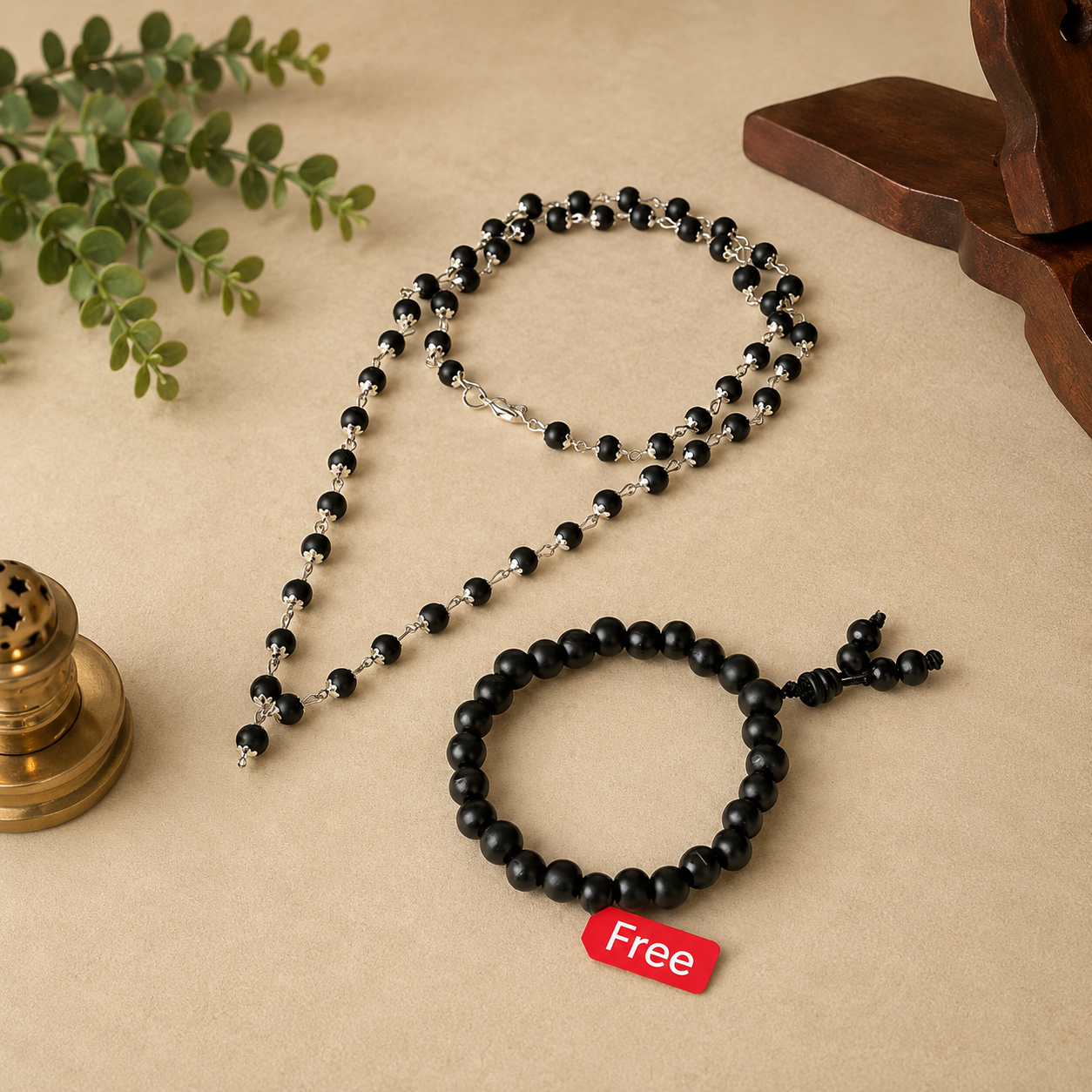 Silver Capped Karungali Malai – with Free Karungali Bracelet