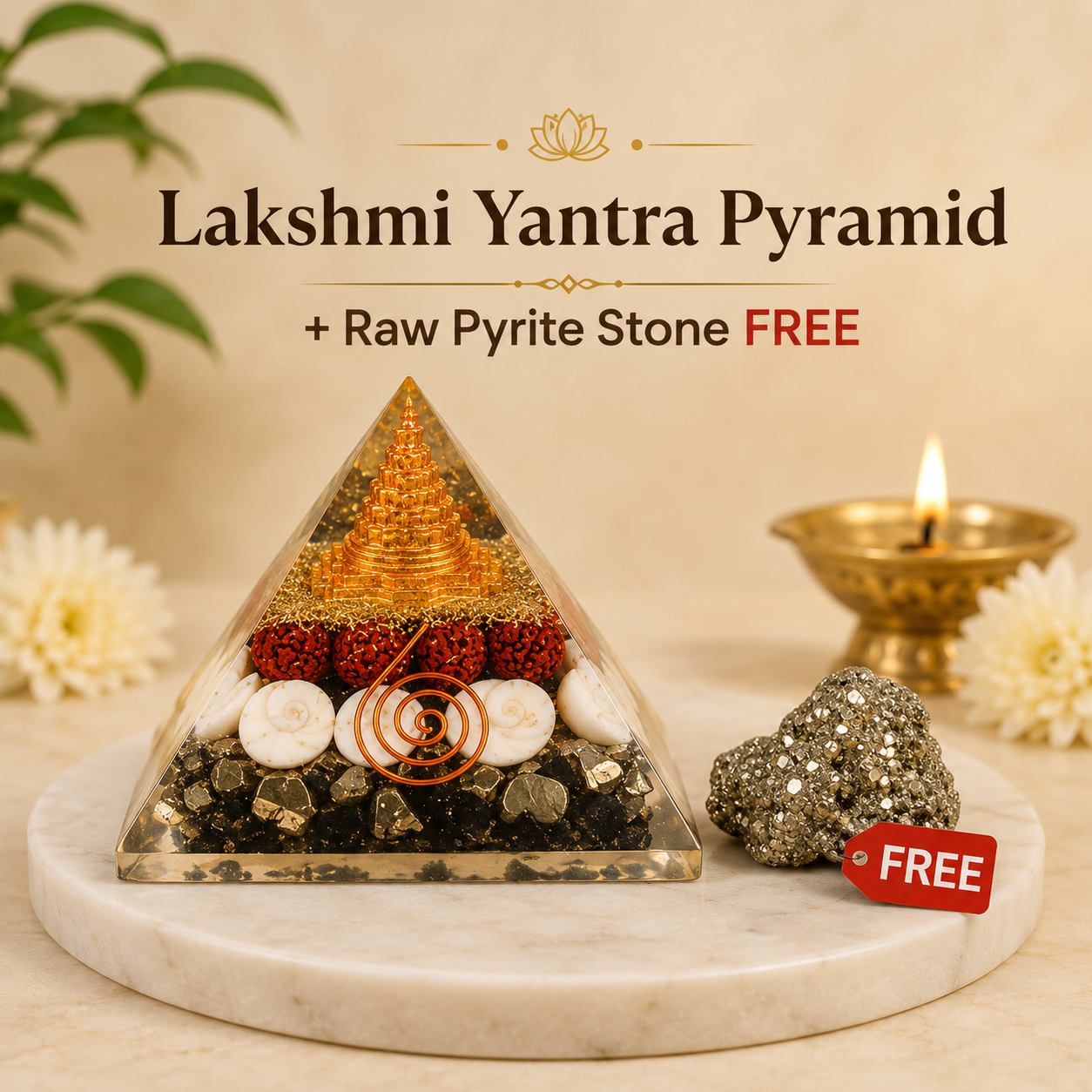 Lakshmi Yantra Pyramid With Free Raw Pyrite stone