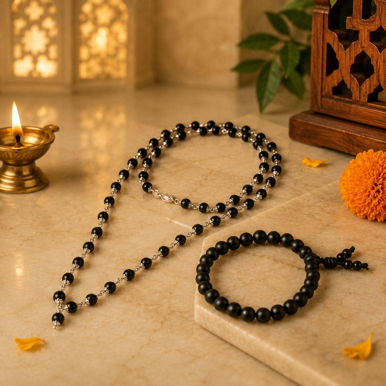 Silver Capped Karungali Malai – with Free Karungali Bracelet