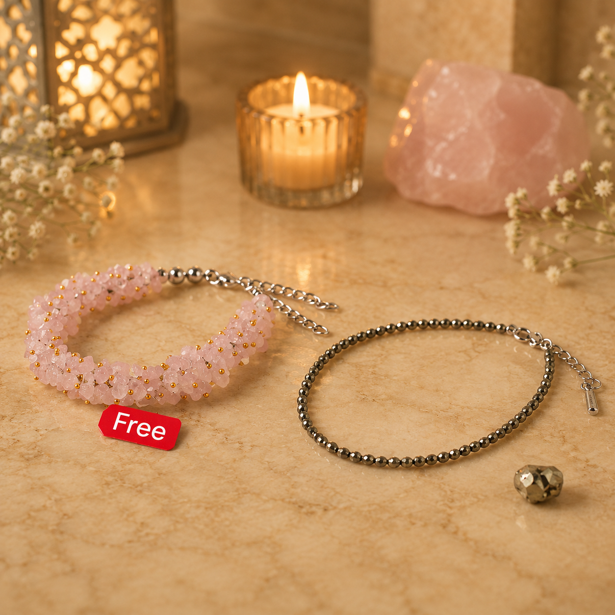 Pyrite Anklet with FREE Rose Quartz Chips Bracelet