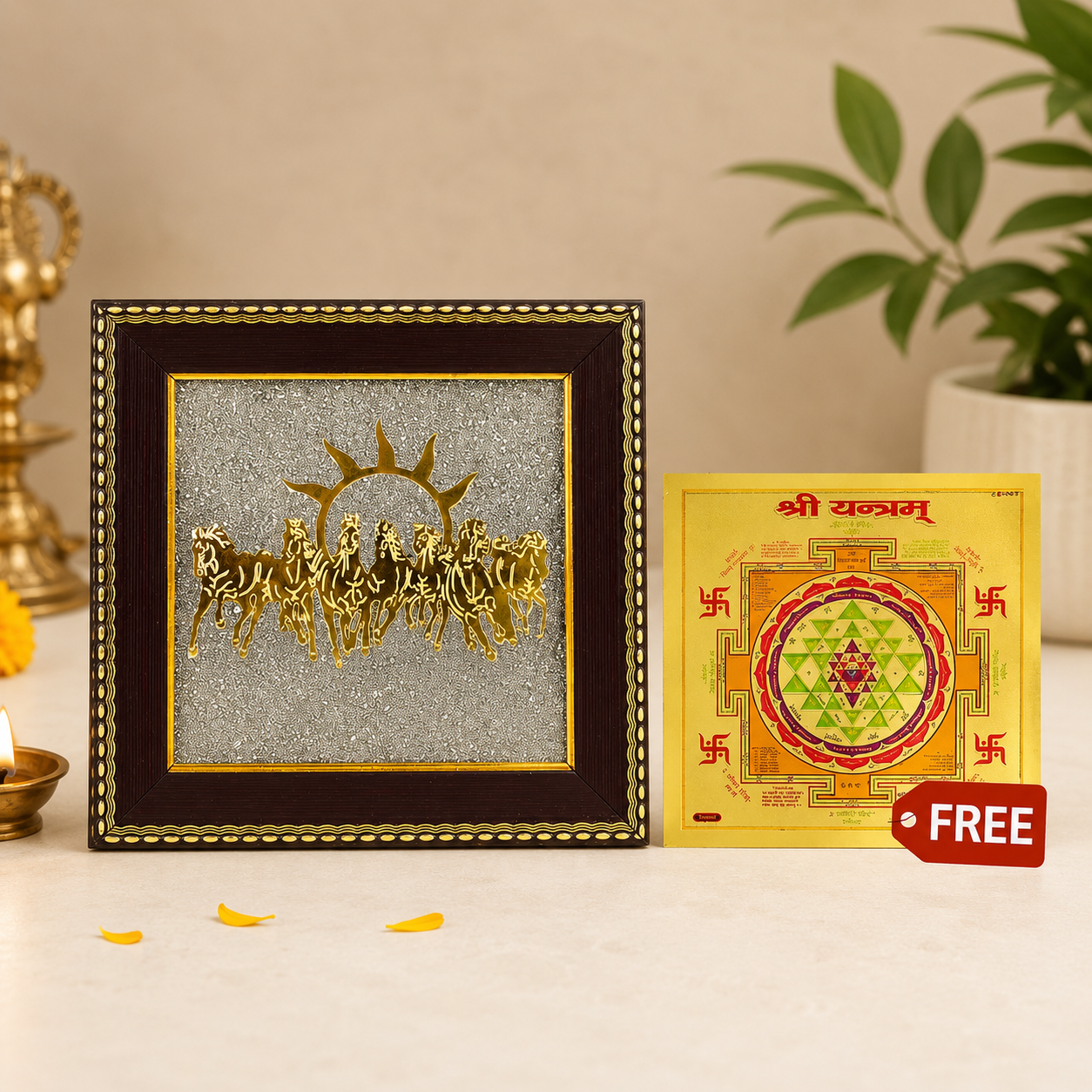 7 Horses on Raw Pyrite Frame with FREE Shree Yantra (6*6 inch)