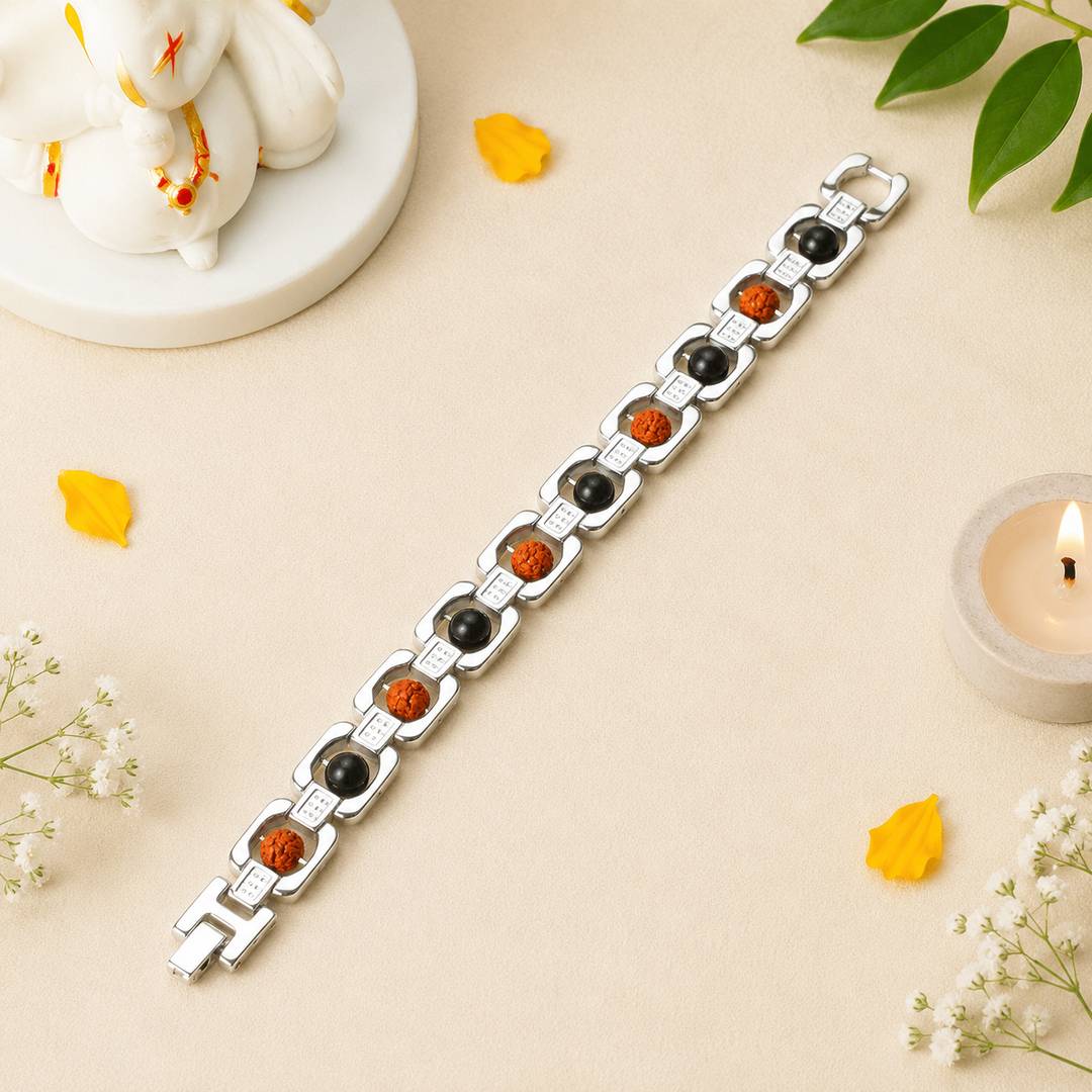 Metal Rudraksha and Karungali Bracelet - Silver