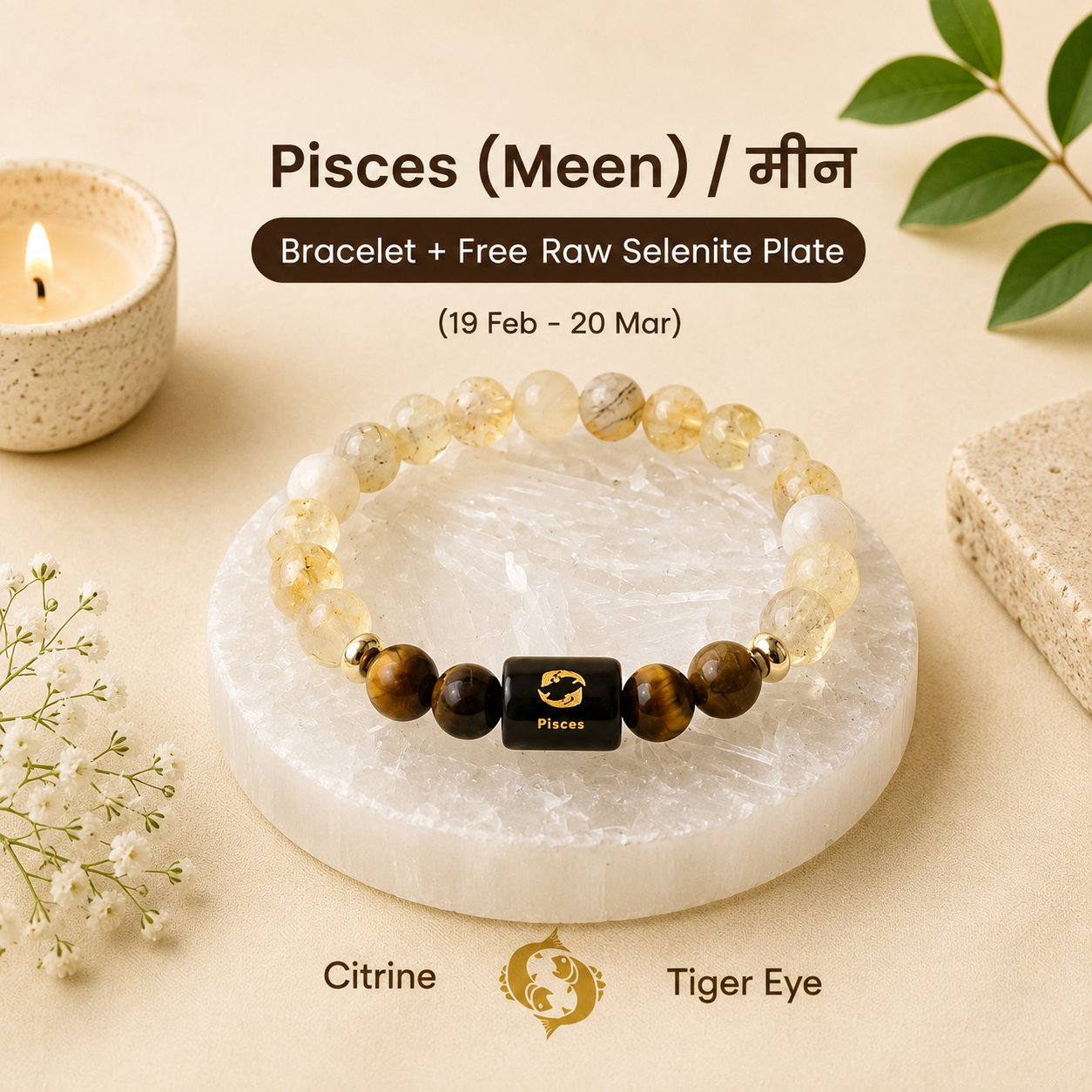 Pisces (मीन राशि) Zodiac Citrine & Tiger Eye Bracelet