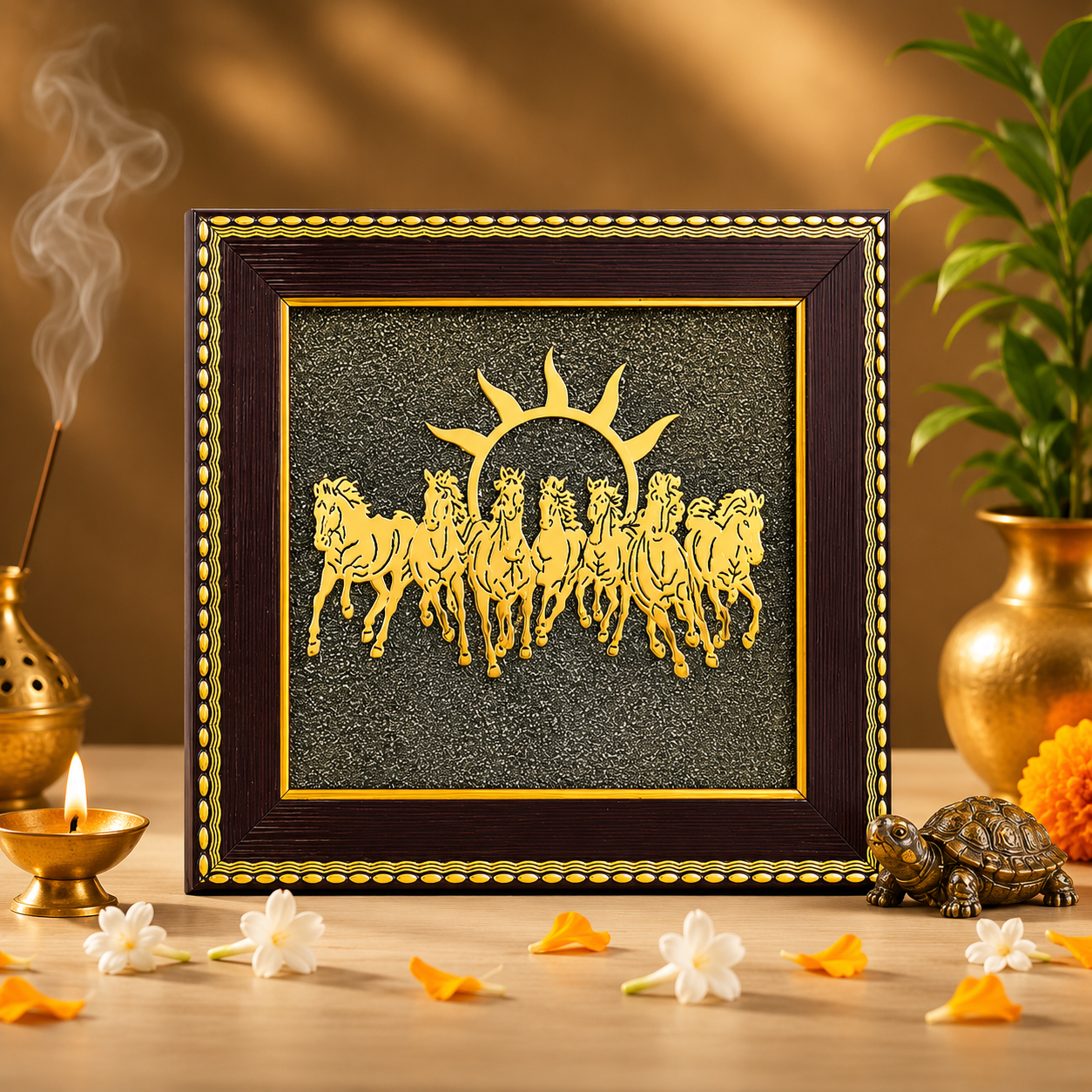 Vastu Shakti Combo – 7 Horses on Pyrite Frame with Pyrite Tortoise