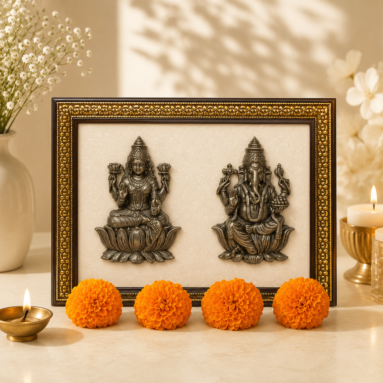 Pyrite Lakshmi - Ganesh Ji on Selenite Frame
