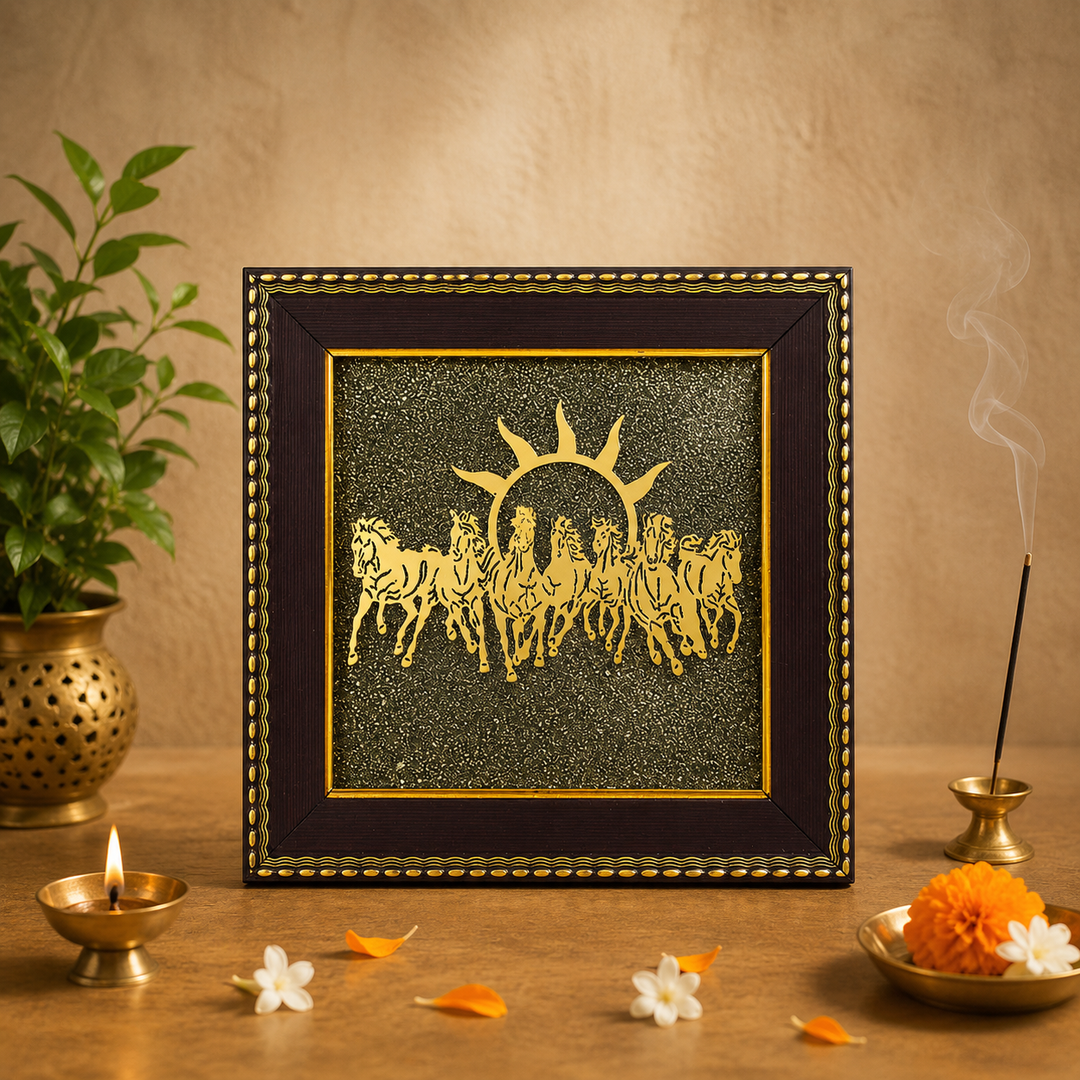 7 Horses on Raw Pyrite Vastu Frame for Success